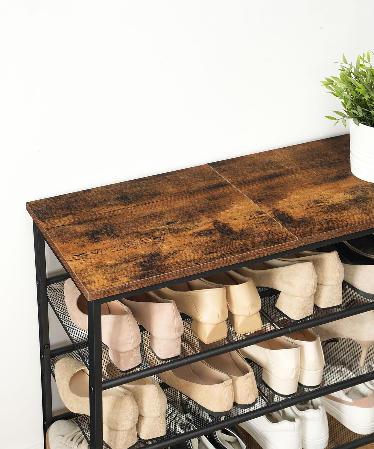 Signature Home Schoenenrek 5-Laags – Schoenenkast met Verstelbare Metalen Gaasplanken en Ruim Bovenblad – Voor 16–20 Paar Schoenen – Voor Entree en Gang – Industrieel Design – Vintage Bruin/Zwart
