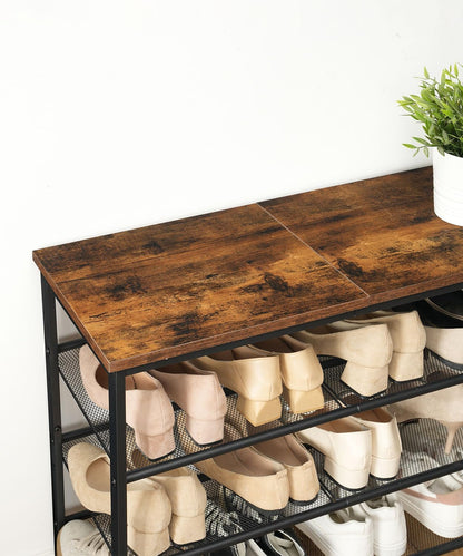 Signature Home Schoenenrek 5-Laags – Schoenenkast met Verstelbare Metalen Gaasplanken en Ruim Bovenblad – Voor 16–20 Paar Schoenen – Voor Entree en Gang – Industrieel Design – Vintage Bruin/Zwart