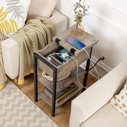 Signature Home Bijzettafel met Oplaadstation en Opbergruimte – Smalle Sofa- en Nachtkasttafel met Opklapbaar Blad – Stopcontacten & USB-poorten – Stevige Bijzettafel voor Woonkamer en Slaapkamer – Greige/Zwart