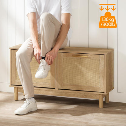 Signature Home Schoenenbank met Opbergruimte – Schoenenkast met 2 Kantelbare Lades en Verstelbare Planken – Schoenenopberger met Decoratieve Rotan Fronten en Metalen Handgrepen – Opbergbank voor Hal, Entree