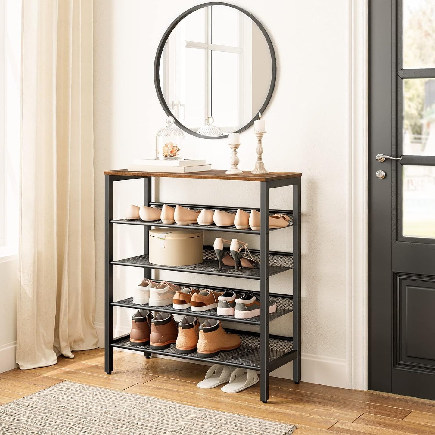 Signature Home Schoenenrek 5 Laags – Verstelbare Schoenenbank met Vlakke en Kantelbare Planken – Stevig Metalen Schoenenrek – Industrieel Schoenenrek voor Hal, Entree, Gang en Slaapkamer