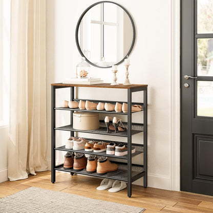 Signature Home Schoenenrek 5 Laags – Verstelbare Schoenenbank met Vlakke en Kantelbare Planken – Stevig Metalen Schoenenrek – Industrieel Schoenenrek voor Hal, Entree, Gang en Slaapkamer