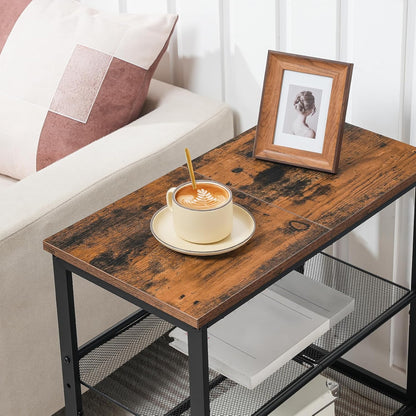 Signature Home 3-Laags Bijzettafel / Nachtkastje met 2 Verstelbare Schuine Planken – Smalle Salontafel met Opbergruimte voor Kleine Ruimtes, Hal, Woonkamer en Slaapkamer – Vintage Bruin/Zwart