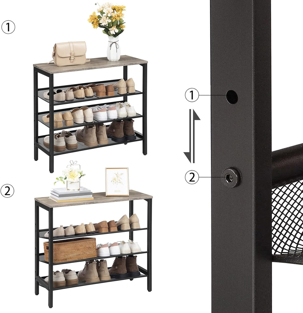 Signature Home 4-Laags Schoenenrek met Verstelbare Rechte of Schuine Planken – Schoenenbank met 3 Metalen Roosterplanken – Stevig Schoenenrek voor Hal, Entree en Slaapkamer – Greige/Zwart