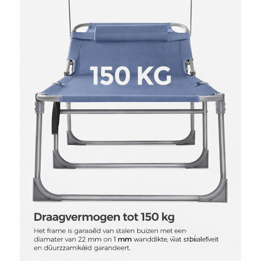 Signature Home Opvouwbare Ligstoel met Zonnedak – Blauwe Zonneligbed, Verstelbaar & Comfortabel, Ideaal voor Tuin, Strand en Camping