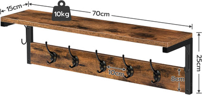 Signature Home Wandkapstok met 7 Haken en Opbergplank – Industriële Kapstok Wandmontage – Kapstok met Wandrek en Legplank – Ruimtebesparende Garderobe voor Hal, Entree, Woonkamer en Keuken – Donkerbruin/Zwart