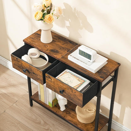 Signature Home Sidetable met 2 Stoffen Lades – Smalle Consoletafel 75 cm – Industriële Haltafel en Wandtafel – Opbergtafel voor Hal, Entree, Woonkamer en Slaapkamer – Vintage Bruin/Zwart