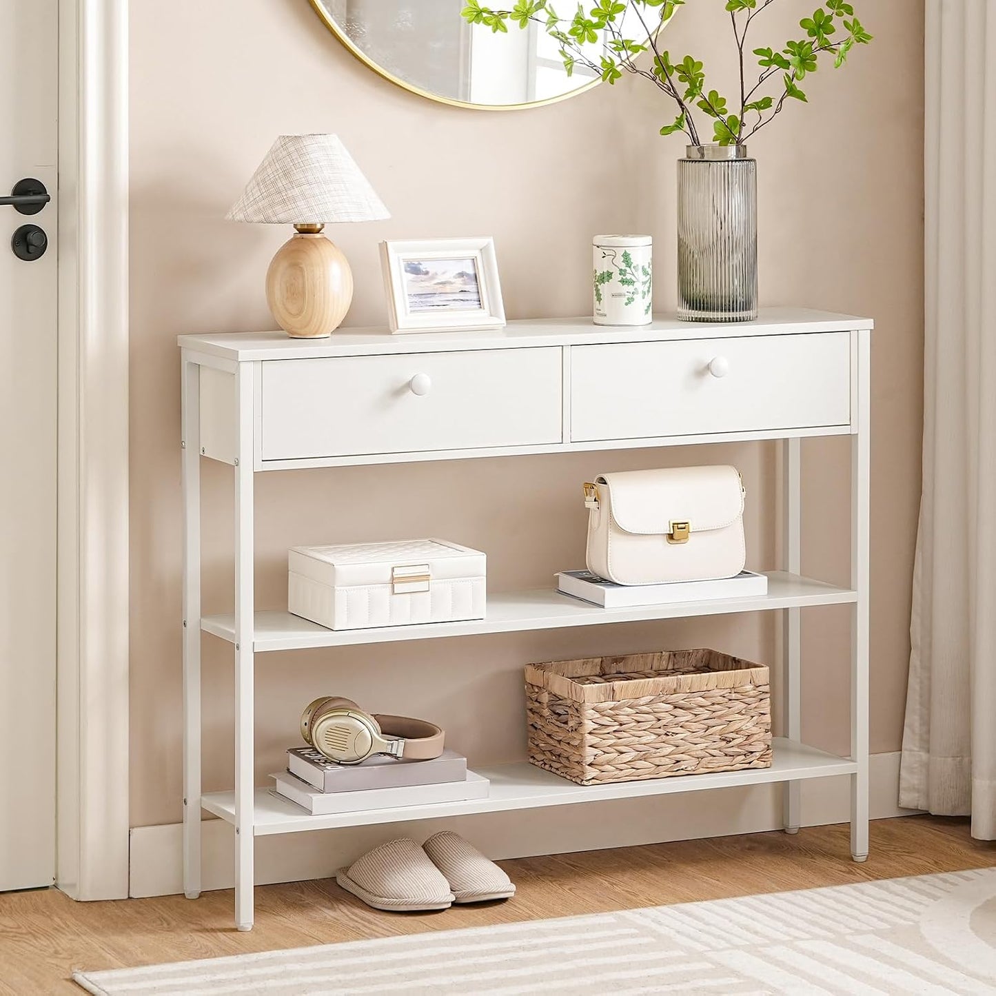 Signature Home Consoletafel met Lade en 2 Opbergplanken, Smalle Haltafel/Sidetable met Stevig Metalen Frame, 100 x 24 x 80 cm, voor Entree, Gang en Woonkamer, Wit