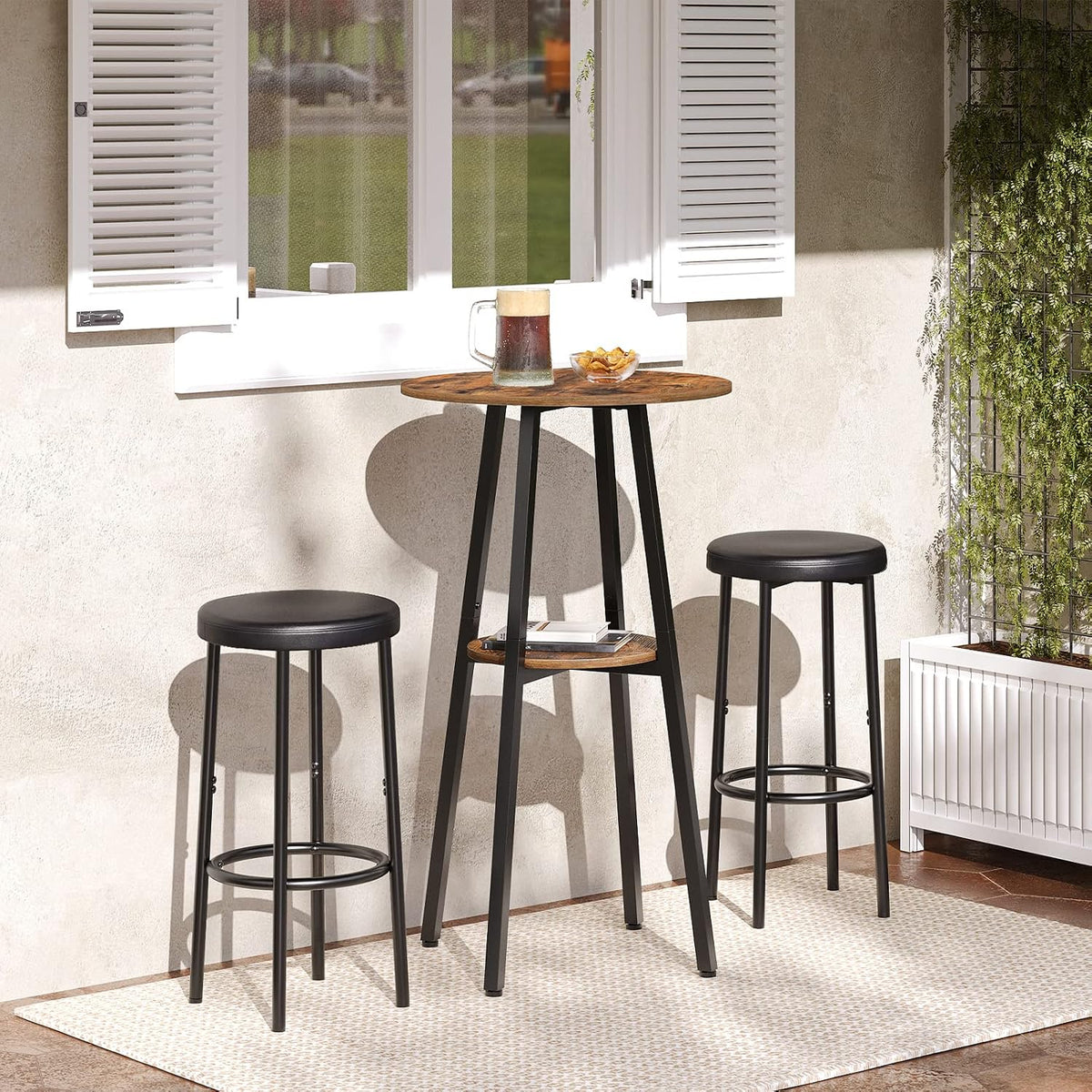 Signature Home Bartafel met 2 Ronde Tafelbladen – Hoge Bistrotafel – Smalle Statafel en Cafétafel – Compacte Bartafel voor Keuken, Woonkamer en Bar – Industrieel Design – Vintage Bruin/Zwart