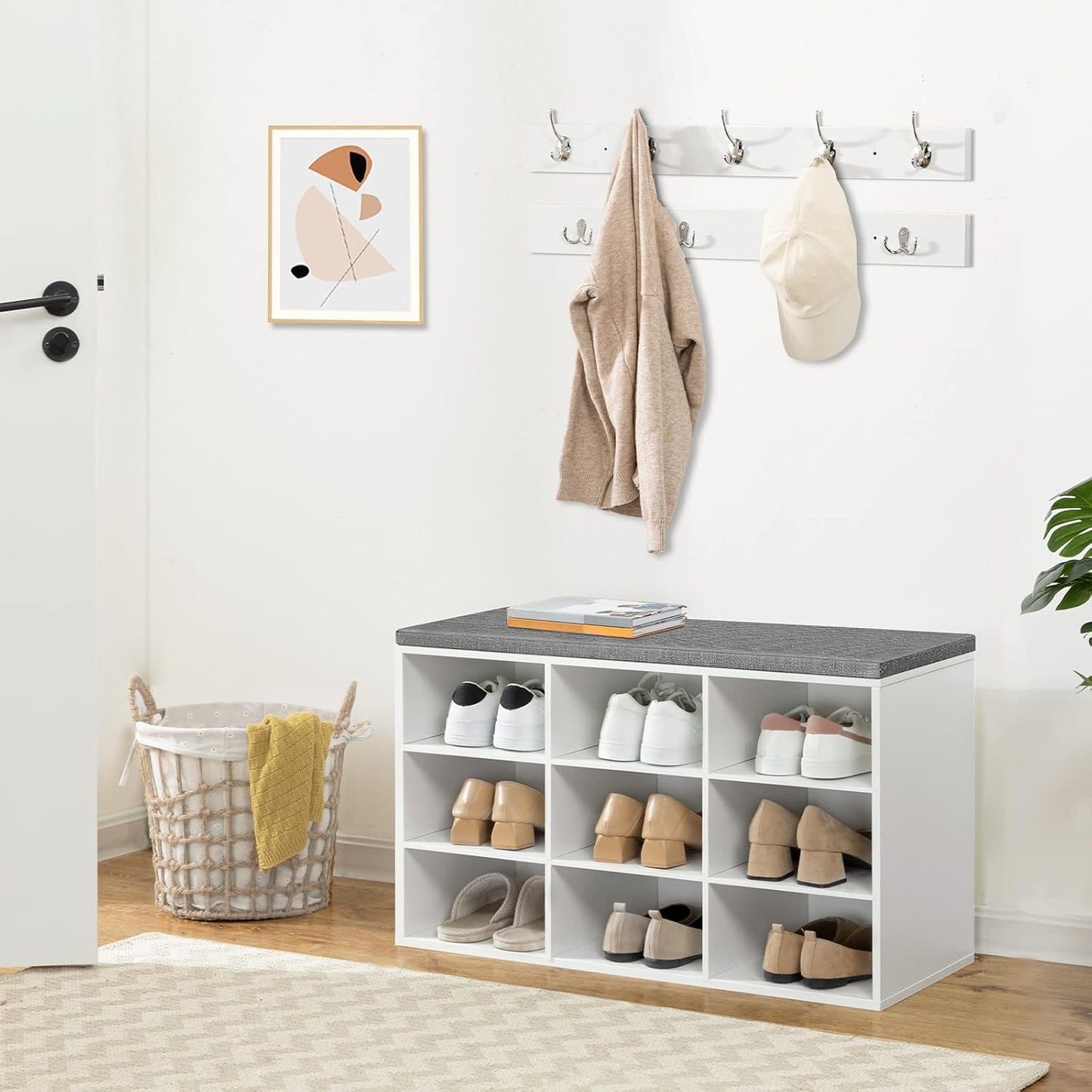 Signature Home Garderobeset met Schoenenrek en Zitbank – Schoenenbank met 9 Vakken, Zacht Gewatteerd Zitkussen, Wandkapstok met 9 Haken, Schoenenkast voor Hal, Entree en Slaapkamer, Wit