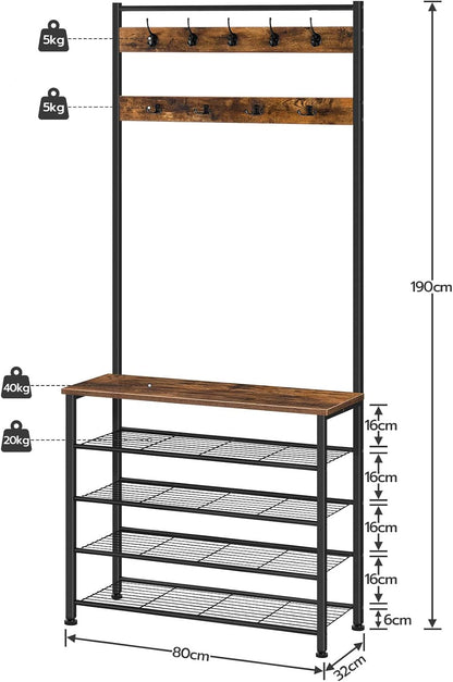 Signature Home Kapstok met Schoenenrek 5 Niveaus – Kledingrek met Garderobe, Vrijstaande Kapstok voor Hal, Entree en Gang, Industrieel Design, Donkerbruin/Zwart