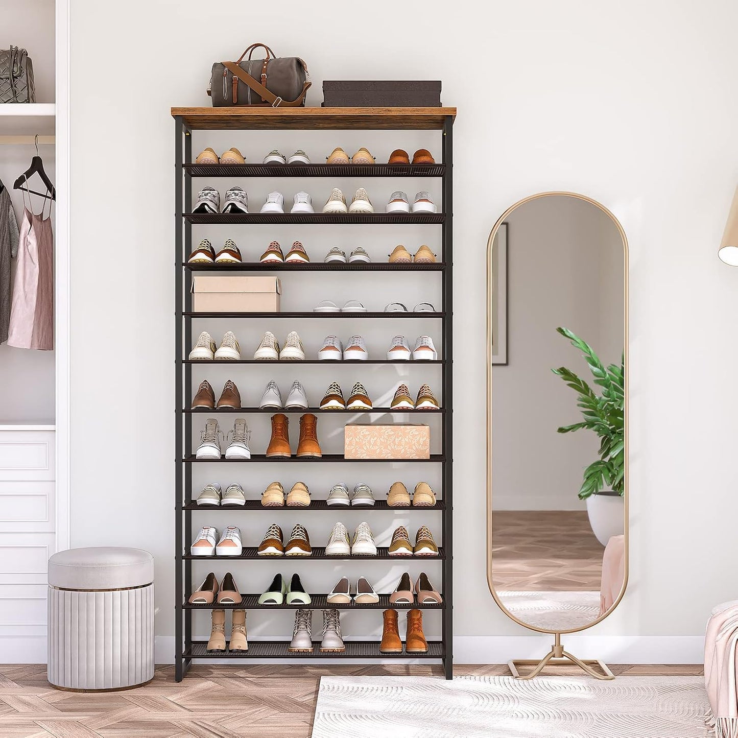 Signature Home Groot Schoenenrek 12-Laags voor 35-45 Paar Schoenen – Hoge Schoenenkast met Metalen Frame, Industriële Stijl, Vintage Bruin/Zwart voor Hal, Woonkamer en Slaapkamer