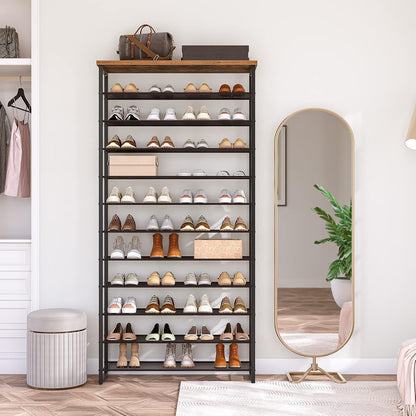 Signature Home Groot Schoenenrek 12-Laags voor 35-45 Paar Schoenen – Hoge Schoenenkast met Metalen Frame, Industriële Stijl, Vintage Bruin/Zwart voor Hal, Woonkamer en Slaapkamer