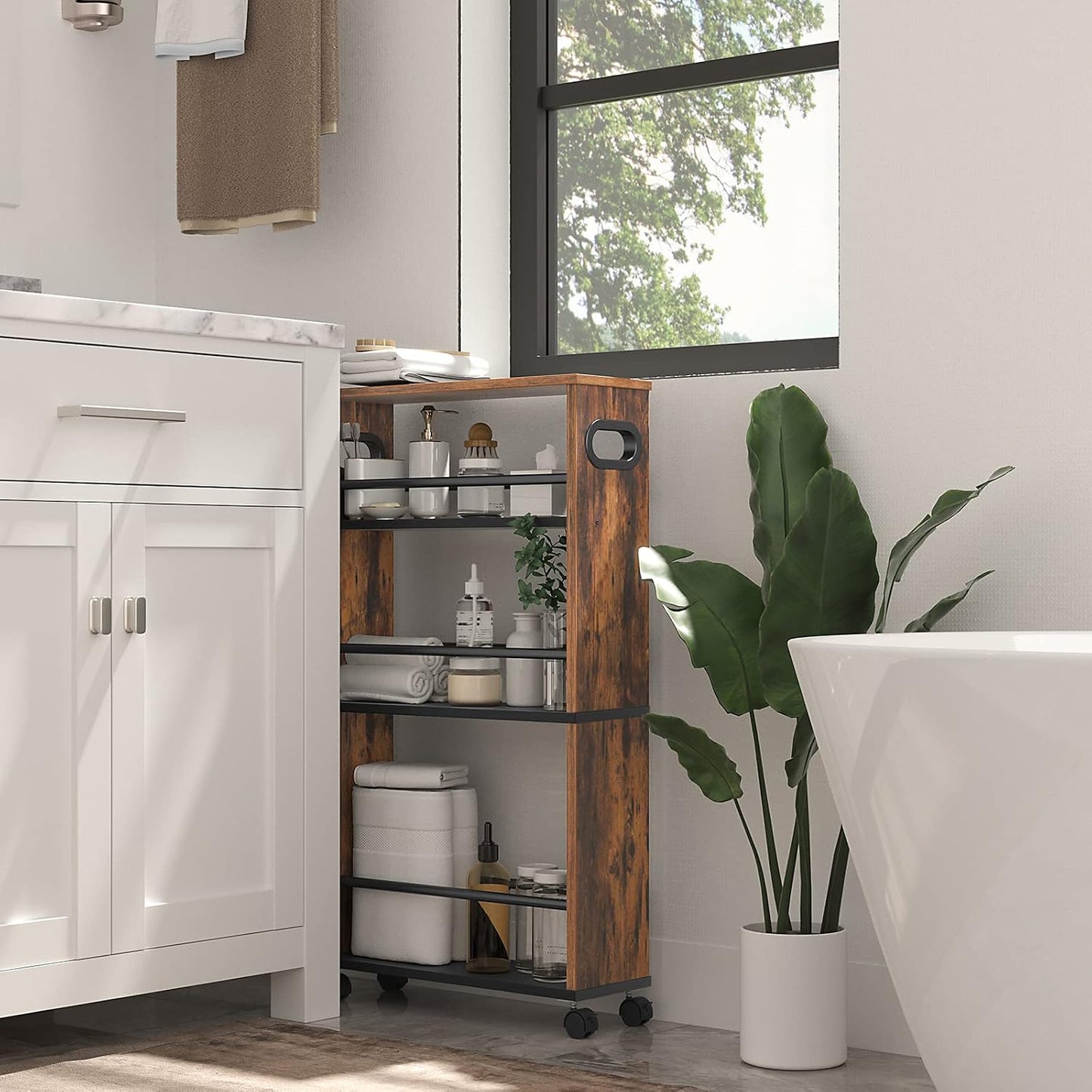 Signature Home Smalle Keukentrolley 4-Laags – Verrijdbare Serveerwagen 45 x 15 x 80 cm – Keukenrek met 360° Draaibare Wielen en Opstaande Randen – Opbergtrolley voor Keuken, Badkamer & Woonkamer – Donkerbruin