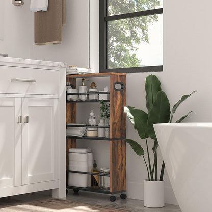 Signature Home Smalle Keukentrolley 4-Laags – Verrijdbare Serveerwagen 45 x 15 x 80 cm – Keukenrek met 360° Draaibare Wielen en Opstaande Randen – Opbergtrolley voor Keuken, Badkamer & Woonkamer – Donkerbruin