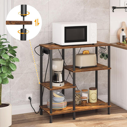 Signature Home Keukenrek met Stopcontacten – Staand Magnetronrek 38 x 80 x 86 cm – Bakkersrek met 5 S-Haken – Opbergrek voor Keuken met Werkblad – Vintage Bruin/Zwart