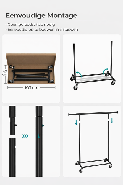 Signature Home Industrieel Kledingrek met Wielen – Metalen Garderoberek in Industriële Stijl