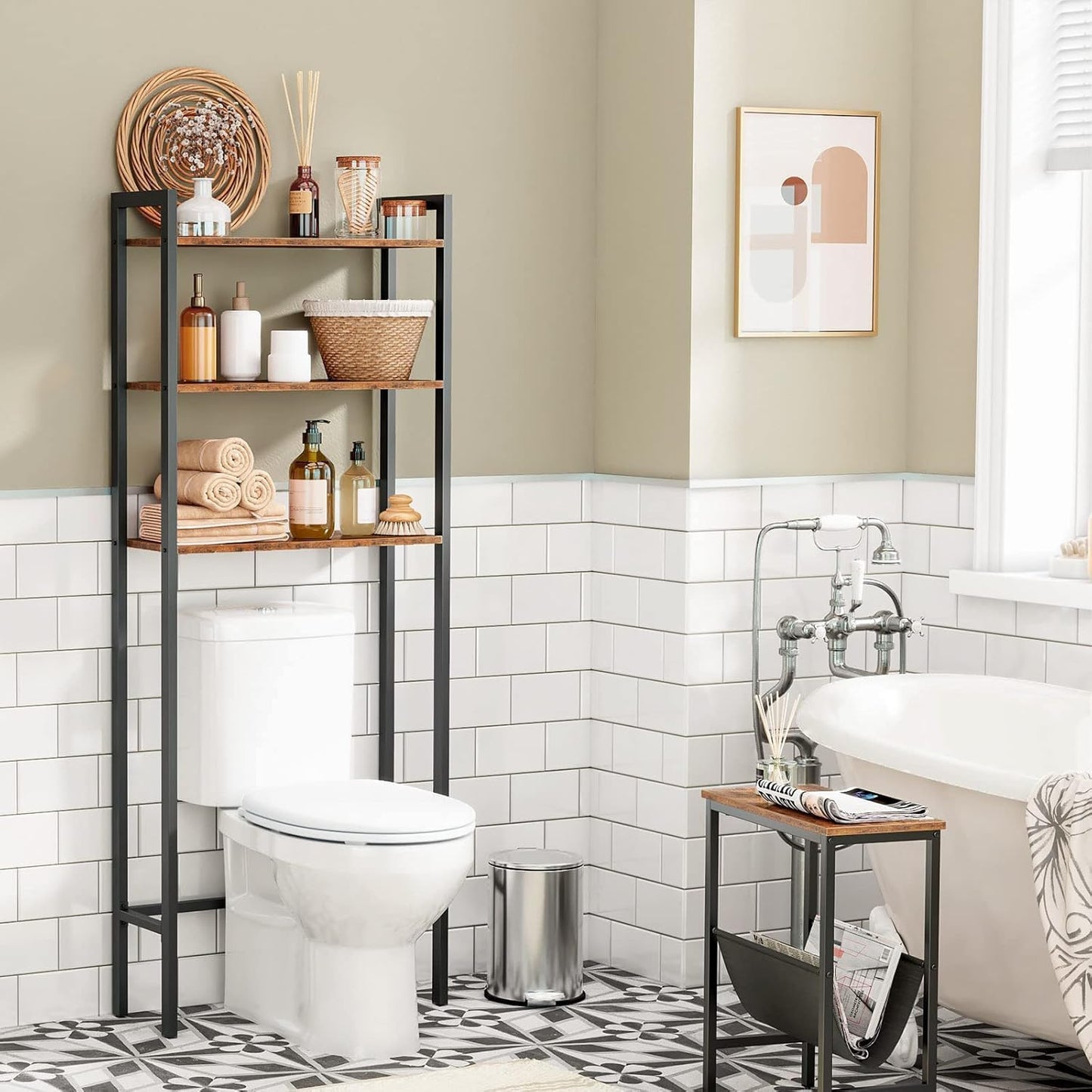 Signature Home Toiletkast / Badkamerrek met 3 planken, Wasmachinerek, Multifunctioneel industrieel rek, Retrostijl, Ruimtebesparend, Eenvoudig te monteren, Donkerbruin