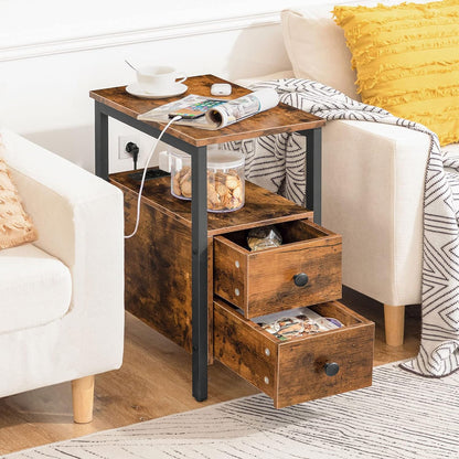 Signature Home Bijzettafel met Oplaadstation – Smalle Banktafel met 2 Laden, USB-Poort & Stopcontact – Nachtkastje voor Kleine Ruimtes – Stevig en Stabiel – Woonkamer & Slaapkamer – Donkerbruin
