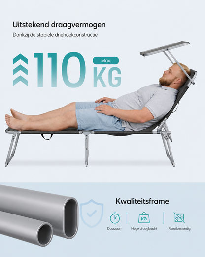Signature Home Opvouwbaar Zonneligbed 189 x 53 x 28,5 cm met Verstelbare Rugleuning en Zonnescherm – Comfortabele Ligstoel voor Tuin, Strand en Camping