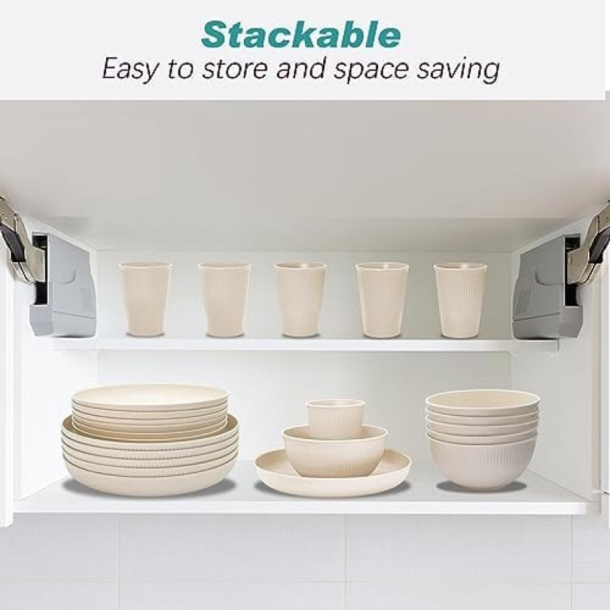Signature Home 24 stuks onbreekbare serviesset, herbruikbaar, campingserviesset voor 6 personen, plastic servies, picknick, lichte kunststof serveerborden, kommen, bestekset Beige
