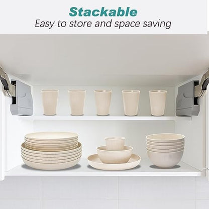 Signature Home 24 stuks onbreekbare serviesset, herbruikbaar, campingserviesset voor 6 personen, plastic servies, picknick, lichte kunststof serveerborden, kommen, bestekset Beige