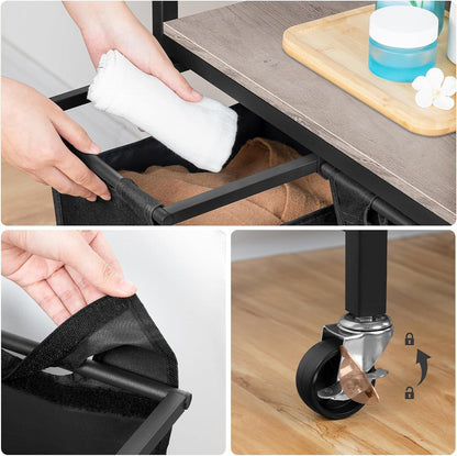 Signature Home Wasmand met 3 Vakken en Opbergplank – Verrijdbare Wasmand met Wielen – 3 x 39,8 L Wasgoedmand – Uitneembare Oxford Stoffen Waszakken – Wassorteerder voor Badkamer en Wasruimte – Greige/Zwart