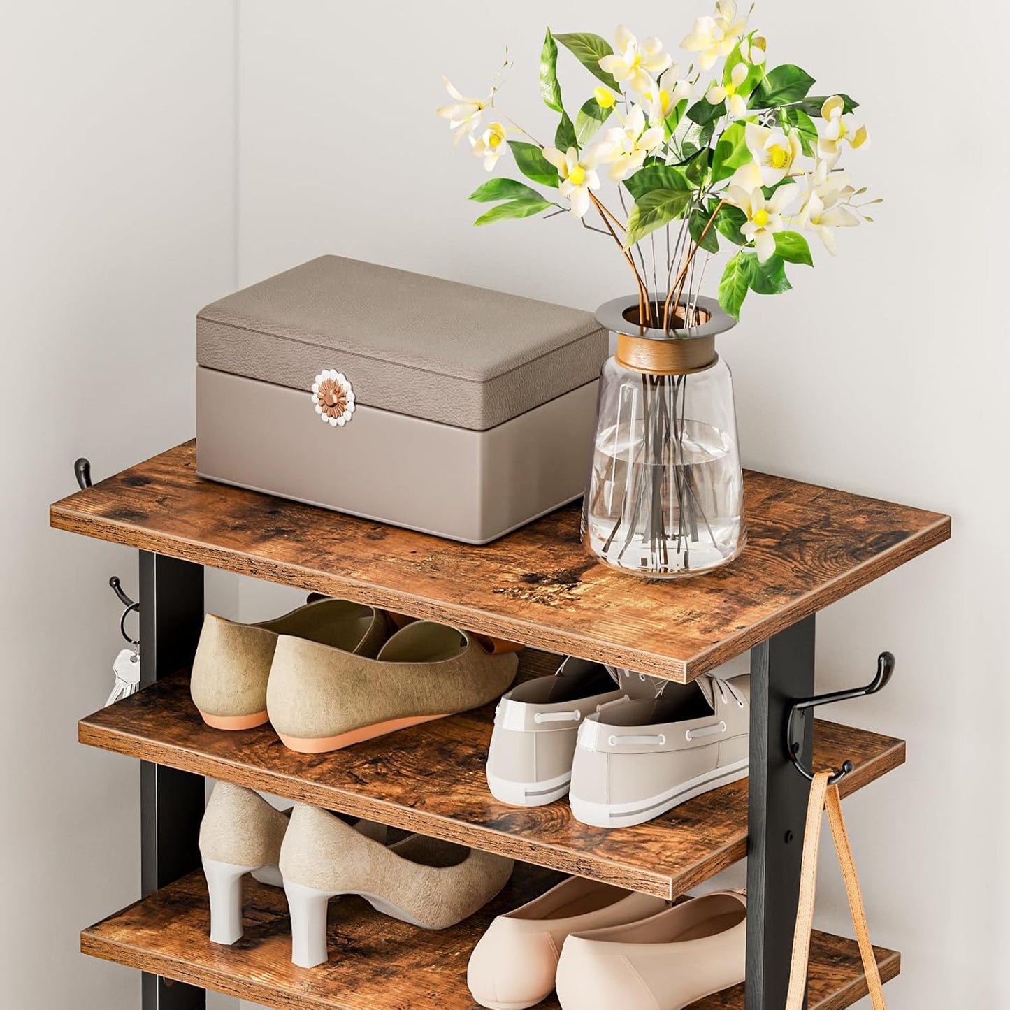 Signature Home Schoenenrek 8 Laags – Smal Schoenenrek 50 cm met 2 Haken – Ruimtebesparende Schoenenkast – Stevig Opbergrek voor Hal, Entree, Woonkamer en Slaapkamer