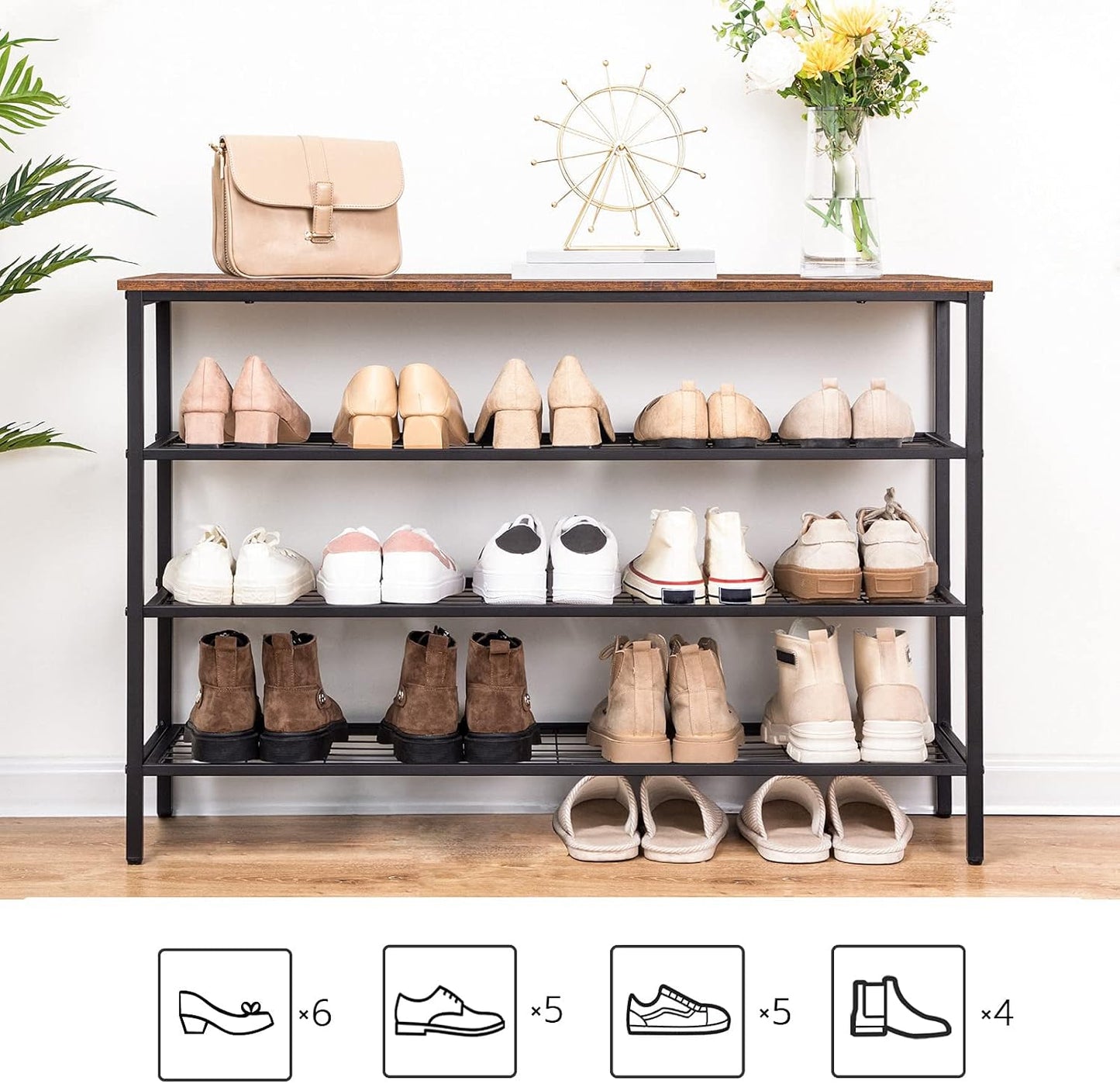 Signature Home Schoenenrek 4 Laags – Schoenen Organizer met 3 Metalen Gaasplanken – Industriële Schoenenkast voor Hal, Entree en Slaapkamer – Stevig Opbergrek – Vintage Bruin