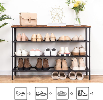 Signature Home Schoenenrek 4 Laags – Schoenen Organizer met 3 Metalen Gaasplanken – Industriële Schoenenkast voor Hal, Entree en Slaapkamer – Stevig Opbergrek – Vintage Bruin