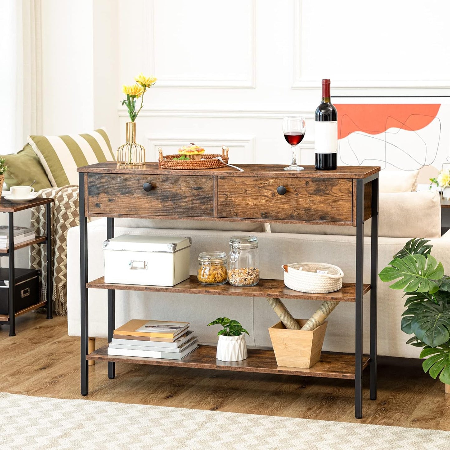 Signature Home Console Tafel met Lade en 2 Opbergplanken – Smalle Haltafel/Sidetable met Stevig Metalen Frame – 100 x 24 x 80 cm – voor Entree, Gang en Woonkamer – Vintage Bruin/Zwart