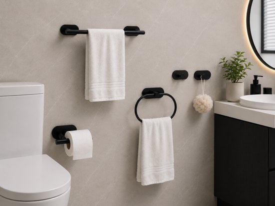 Signature Home Badkamer Accessoires Set 5-Delig - Toiletrolhouder - Handdoekhouder - Toilet Accessoires - Handdoekring - Handdoekhaak & Jashaak - Zelfklevend Zonder Boren - RVS Toiletset - Mat Zwart