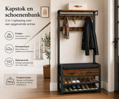 Signature Home Kapstok met Schoenenrek en Bankje - Halgarderobe met Zitkussen - Schoenenkast 4 Niveaus - 9 Haken - Garderoberek voor Hal en Slaapkamer - Industrieel Vintage Bruin/Zwart
