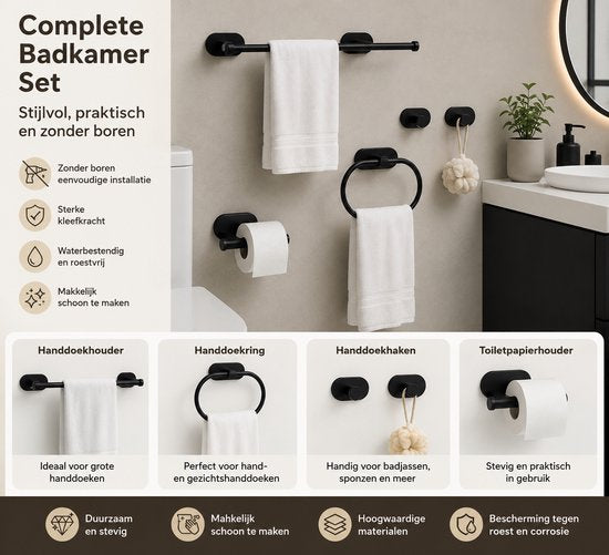 Signature Home Badkamer Accessoires Set 5-Delig - Toiletrolhouder - Handdoekhouder - Toilet Accessoires - Handdoekring - Handdoekhaak & Jashaak - Zelfklevend Zonder Boren - RVS Toiletset - Mat Zwart