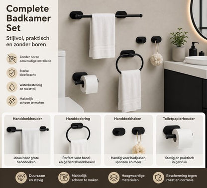 Signature Home Badkamer Accessoires Set 5-Delig - Toiletrolhouder - Handdoekhouder - Toilet Accessoires - Handdoekring - Handdoekhaak & Jashaak - Zelfklevend Zonder Boren - RVS Toiletset - Mat Zwart