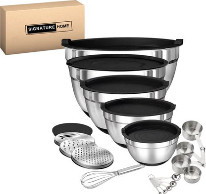 Signature Home Mengkommen Set met Deksel - 24-Delige Beslagkommen & Mixkommen Set - RVS Kommen 1,5 tot 5 Liter - Inclusief Raspopzetstukken en Maatschepjes - Antislip Bodem - Vaatwasser- en Vriezerbestendig - Zwart - Zilver