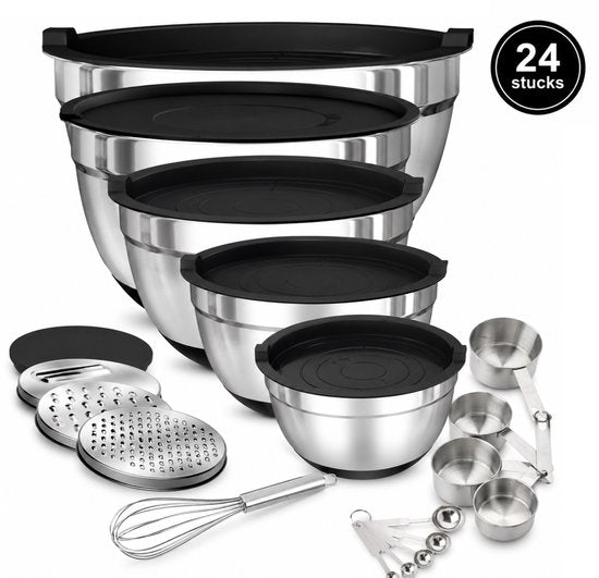 Signature Home Mengkommen Set met Deksel - 24-Delige Beslagkommen & Mixkommen Set - RVS Kommen 1,5 tot 5 Liter - Inclusief Raspopzetstukken en Maatschepjes - Antislip Bodem - Vaatwasser- en Vriezerbestendig - Zwart - Zilver
