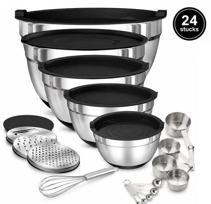 Signature Home Mengkommen Set met Deksel - 24-Delige Beslagkommen & Mixkommen Set - RVS Kommen 1,5 tot 5 Liter - Inclusief Raspopzetstukken en Maatschepjes - Antislip Bodem - Vaatwasser- en Vriezerbestendig - Zwart - Zilver