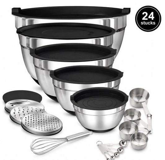 Mengkommen Set met Deksel - 24-Delige Beslagkommen & Mixkommen Set - RVS Kommen 1,5 tot 5 Liter - Inclusief Raspopzetstukken en Maatschepjes - Antislip Bodem - Vaatwasser- en Vriezerbestendig - Zwart - Zilver