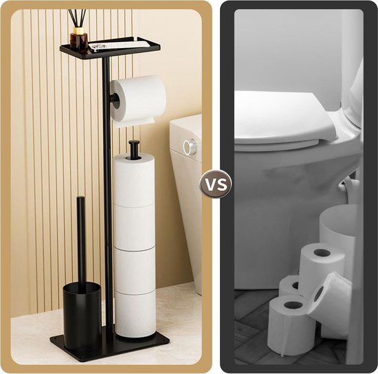 Signature Home Toiletbutler 4 in 1 - Toiletrolhouder vrijstaand - Toiletrolhouder Zonder boren - Toiletborstel met plankje - Reserverolhouder - RVS - Zwart