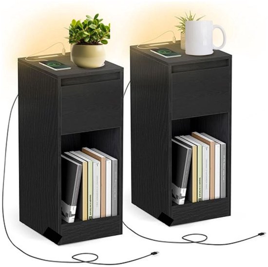 Signature Home Nachtkastje Set van 2 - Slank Bijzettafel - LED-verlichting - 1 USB-A-poort - 1 USB-C-poort - Lade Open vak - voor Slaapkamer - Woonkamer - Ebbenhout Zwart