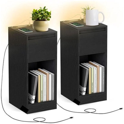 Signature Home Nachtkastje Set van 2 - Slank Bijzettafel - LED-verlichting - 1 USB-A-poort - 1 USB-C-poort - Lade Open vak - voor Slaapkamer - Woonkamer - Ebbenhout Zwart