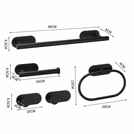Signature Home Badkamer Accessoires Set 5-Delig - Toiletrolhouder - Handdoekhouder - Toilet Accessoires - Handdoekring - Handdoekhaak & Jashaak - Zelfklevend Zonder Boren - RVS Toiletset - Mat Zwart