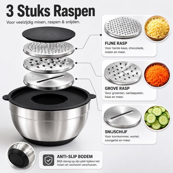 Signature Home Mengkommen Set met Deksel - 24-Delige Beslagkommen & Mixkommen Set - RVS Kommen 1,5 tot 5 Liter - Inclusief Raspopzetstukken en Maatschepjes - Antislip Bodem - Vaatwasser- en Vriezerbestendig - Zwart - Zilver