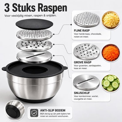 Signature Home Mengkommen Set met Deksel - 24-Delige Beslagkommen & Mixkommen Set - RVS Kommen 1,5 tot 5 Liter - Inclusief Raspopzetstukken en Maatschepjes - Antislip Bodem - Vaatwasser- en Vriezerbestendig - Zwart - Zilver