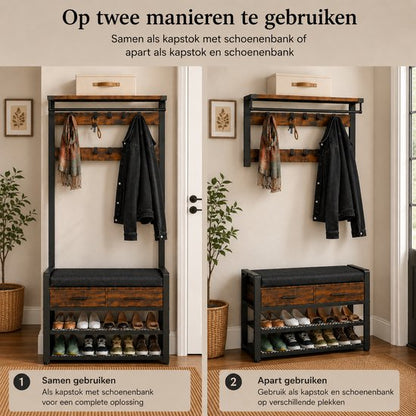 Signature Home Kapstok met Schoenenrek en Bankje - Halgarderobe met Zitkussen - Schoenenkast 4 Niveaus - 9 Haken - Garderoberek voor Hal en Slaapkamer - Industrieel Vintage Bruin/Zwart