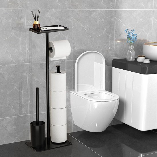 Signature Home Toiletbutler 4 in 1 - Toiletrolhouder vrijstaand - Toiletrolhouder Zonder boren - Toiletborstel met plankje - Reserverolhouder - RVS - Zwart