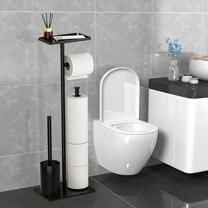 Signature Home Toiletbutler 4 in 1 - Toiletrolhouder vrijstaand - Toiletrolhouder Zonder boren - Toiletborstel met plankje - Reserverolhouder - RVS - Zwart
