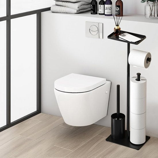 Signature Home Toiletbutler 4 in 1 - Toiletrolhouder vrijstaand - Toiletrolhouder Zonder boren - Toiletborstel met plankje - Reserverolhouder - RVS - Zwart