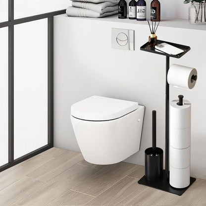 Signature Home Toiletbutler 4 in 1 - Toiletrolhouder vrijstaand - Toiletrolhouder Zonder boren - Toiletborstel met plankje - Reserverolhouder - RVS - Zwart